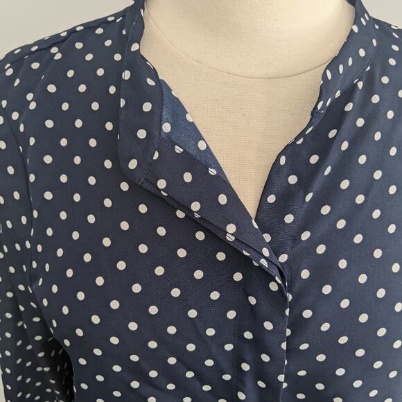 Women's J.Crew Navy Polka Dot Blouse Medium Long Sleeve Top Business - Picture 3 of 6